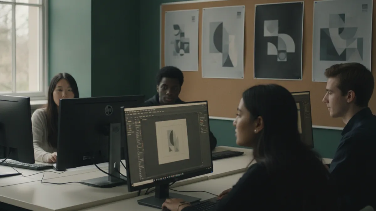 Quatre étudiants devant de grands écrans où une maquette d'affiche est en cours de création dans un logiciel de graphisme, des affiches épinglées au mur.