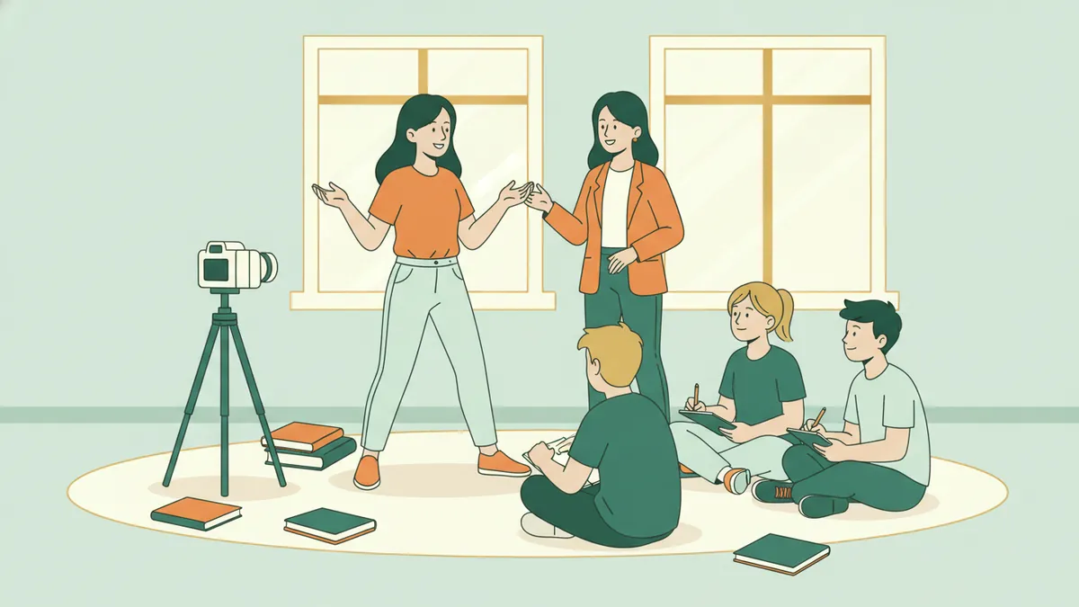 Une étudiante debout s'exprime avec de grands gestes devant un petit groupe assis qui prend des notes, pendant qu'une caméra filme.