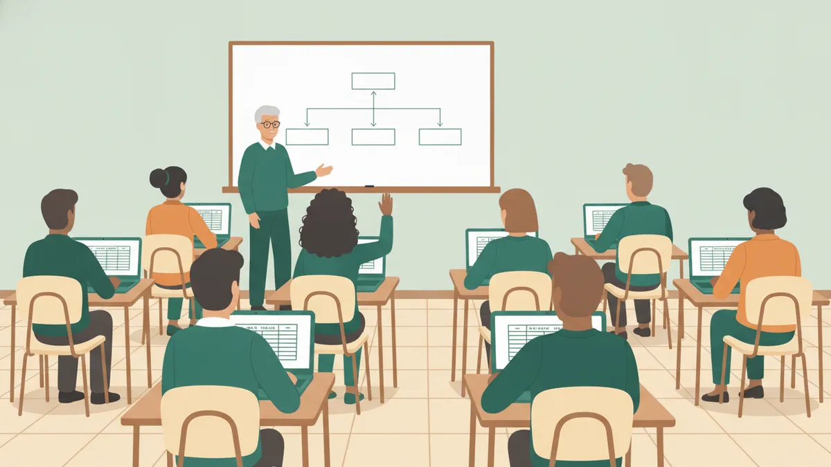 En classe, une dizaine d'étudiants sur ordinateurs suivent leur enseignante qui explique un bilan dessiné au tableau.