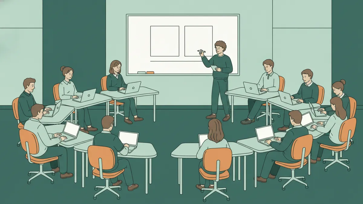 Une douzaine de jeunes adultes autour d'une étude de cas sur tablettes et ordinateurs pendant qu'un formateur dessine un bilan en deux colonnes au tableau.