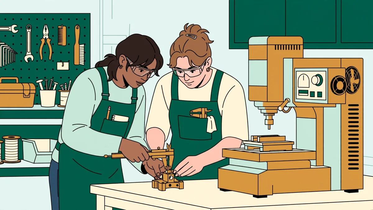 Deux étudiants en tenue d'atelier contrôlent une pièce métallique au pied à coulisse près d'une machine.