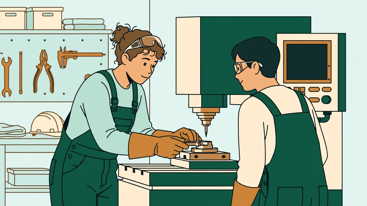 Deux étudiants règlent une pièce sur une machine à commande numérique pendant qu'un troisième suit l'écran.