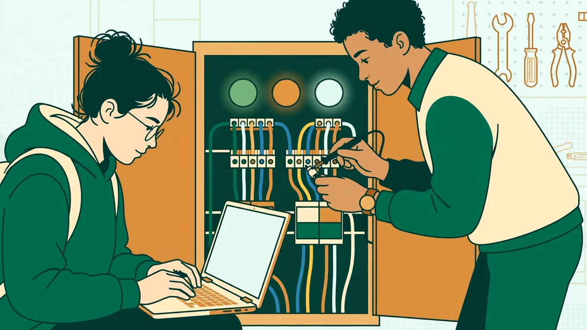 Deux étudiants devant une armoire électrique ouverte, l'une avec un ordinateur portable, l'autre qui branche une sonde