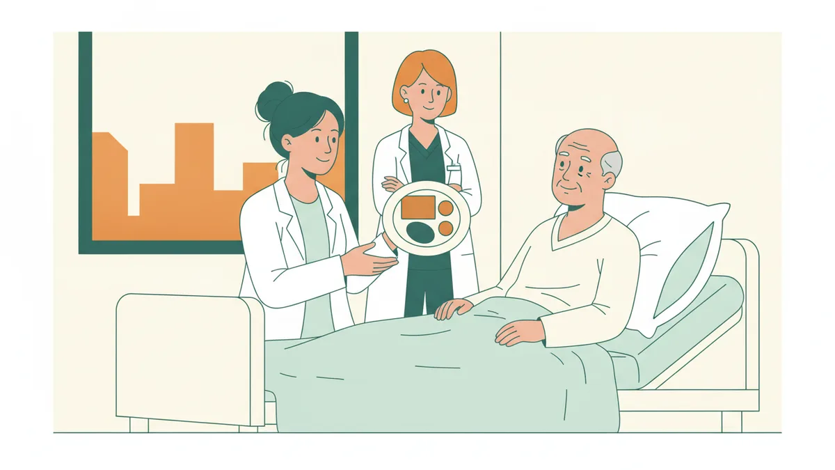 Une stagiaire en blouse blanche montre une assiette modèle à un patient âgé assis, sous le regard d'une diététicienne qui supervise l'échange au chevet.