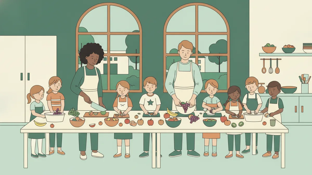 Deux étudiantes en tablier animent un atelier cuisine pour des enfants qui lavent et découpent des fruits autour d'une grande table.