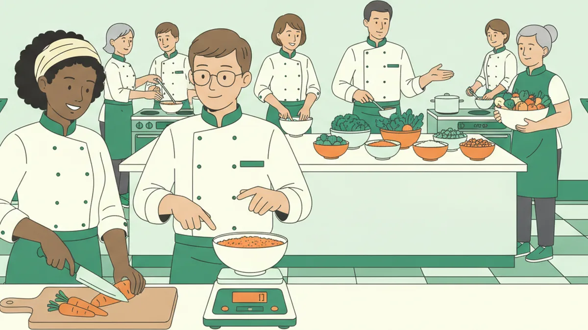 Des étudiants en tenue de cuisine coupent des légumes et pèsent des ingrédients sur une balance, autour d'un plan de travail garni de bols de lentilles et de fruits.