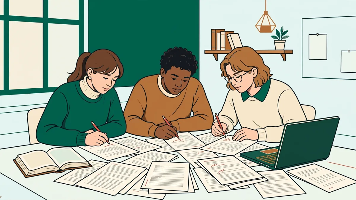 Trois étudiants qui corrigent ensemble des épreuves papier d'un livre, stylo rouge en main, autour d'une grande table.