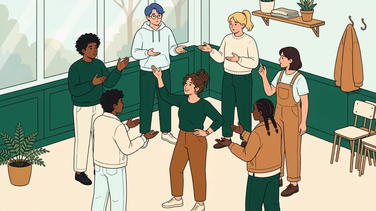 Des étudiants debout en cercle qui s'entraînent à présenter un projet à voix haute avec une intervenante.