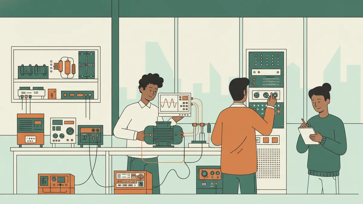 Trois étudiants autour d'un banc moteur en laboratoire, l'un lit l'oscilloscope, un autre règle l'armoire, la troisième note les valeurs.