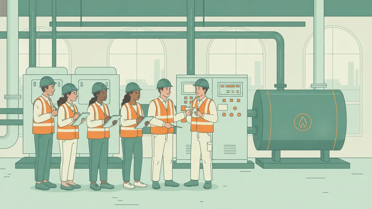 Un groupe d'étudiants en casques visite une installation industrielle avec un technicien qui explique un tableau de commande.