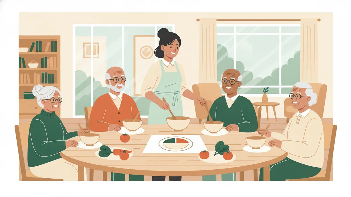 Une stagiaire en tablier anime un atelier cuisine avec quatre personnes âgées autour d'une table, légumes et assiette modèle.