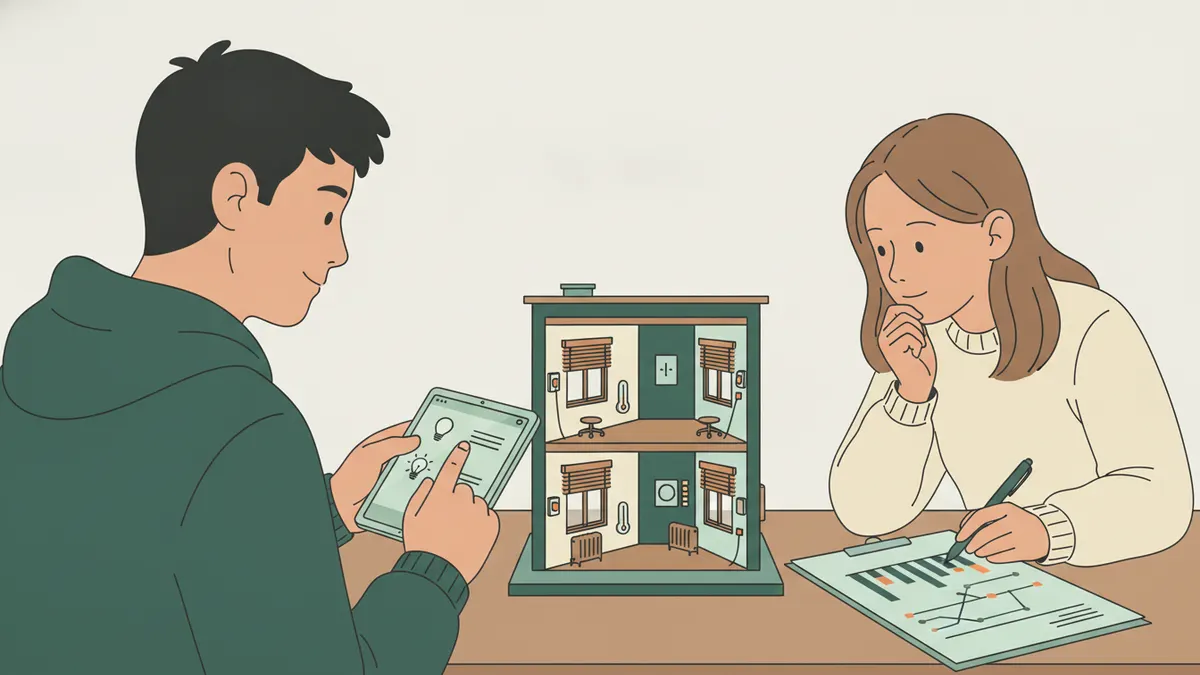 Deux étudiants pilotent depuis une tablette l'éclairage et les volets d'une maquette d'immeuble, une troisième annote un graphique de consommation
