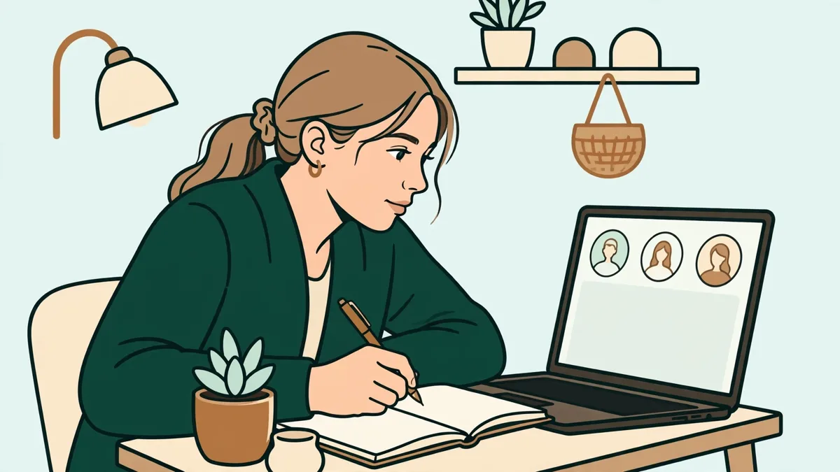 Une étudiante en BTS Gestion de la PME suit un cours en visio sur son portable, avec un carnet ouvert pour prendre des notes.