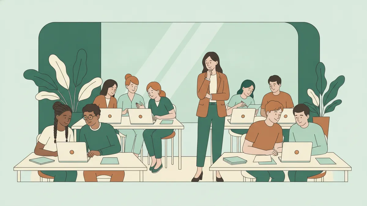 Des étudiants de BTS gestion de la PME travaillent en groupes sur une étude de cas, avec ordinateurs et documents, guidés par leur professeure.