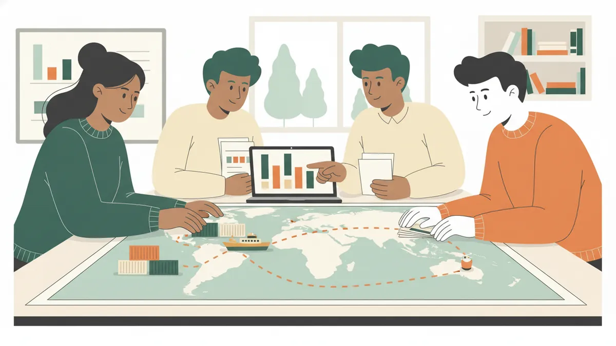 Illustration dessinée : quatre étudiants autour d'une grande carte du monde déplacent des conteneurs miniatures et comparent des trajets sur un ordinateur.