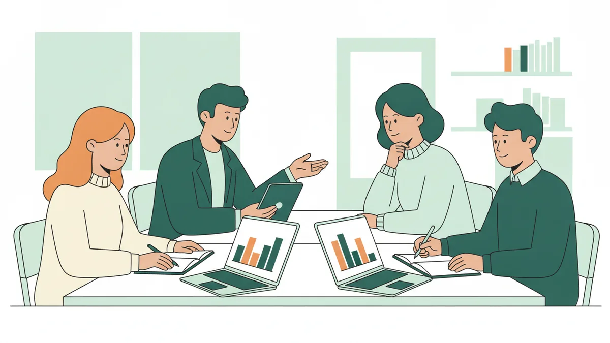 Quatre étudiants font un jeu de rôle de vente autour d'une table, l'un vendeur tablette en main face à la cliente, les autres observent.