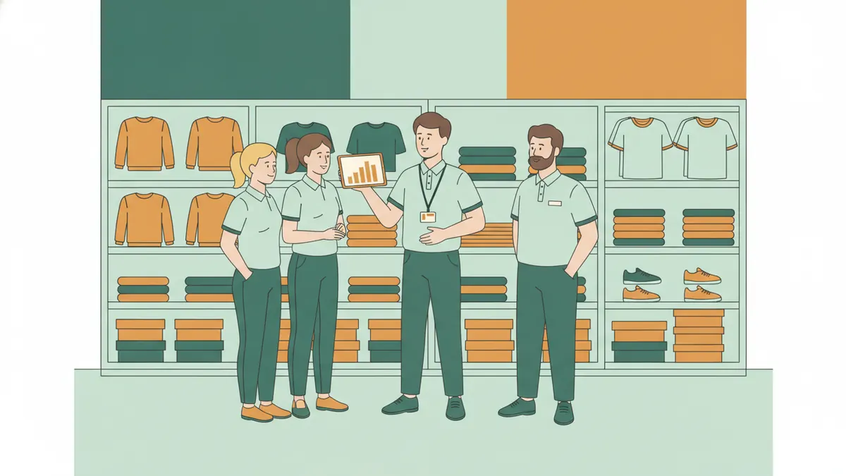 Dans le rayon d'un magasin de vêtements, un jeune apprenti avec un badge présente des résultats sur une tablette à trois employés avant l'ouverture.