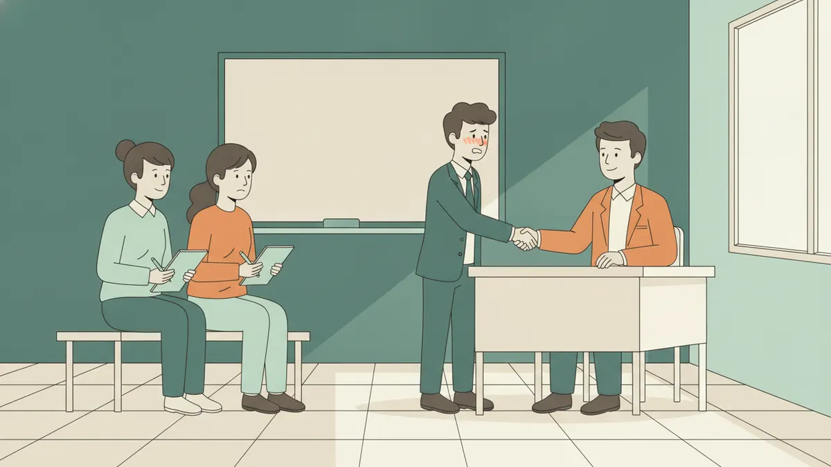 Un étudiant serre la main d'un formateur qui joue le recruteur pendant que deux camarades prennent des notes.