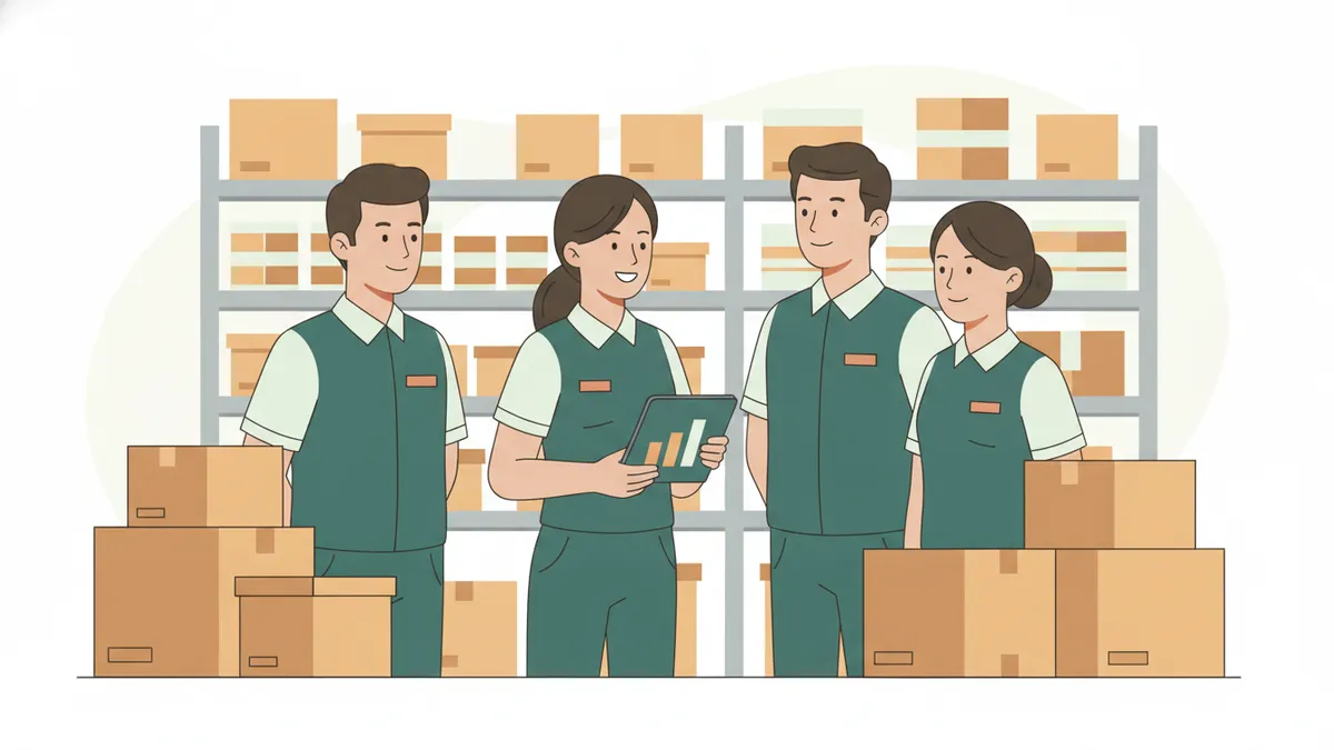 Une apprentie fait le point avec trois collègues dans la réserve d'un magasin, tablette avec graphique en main.