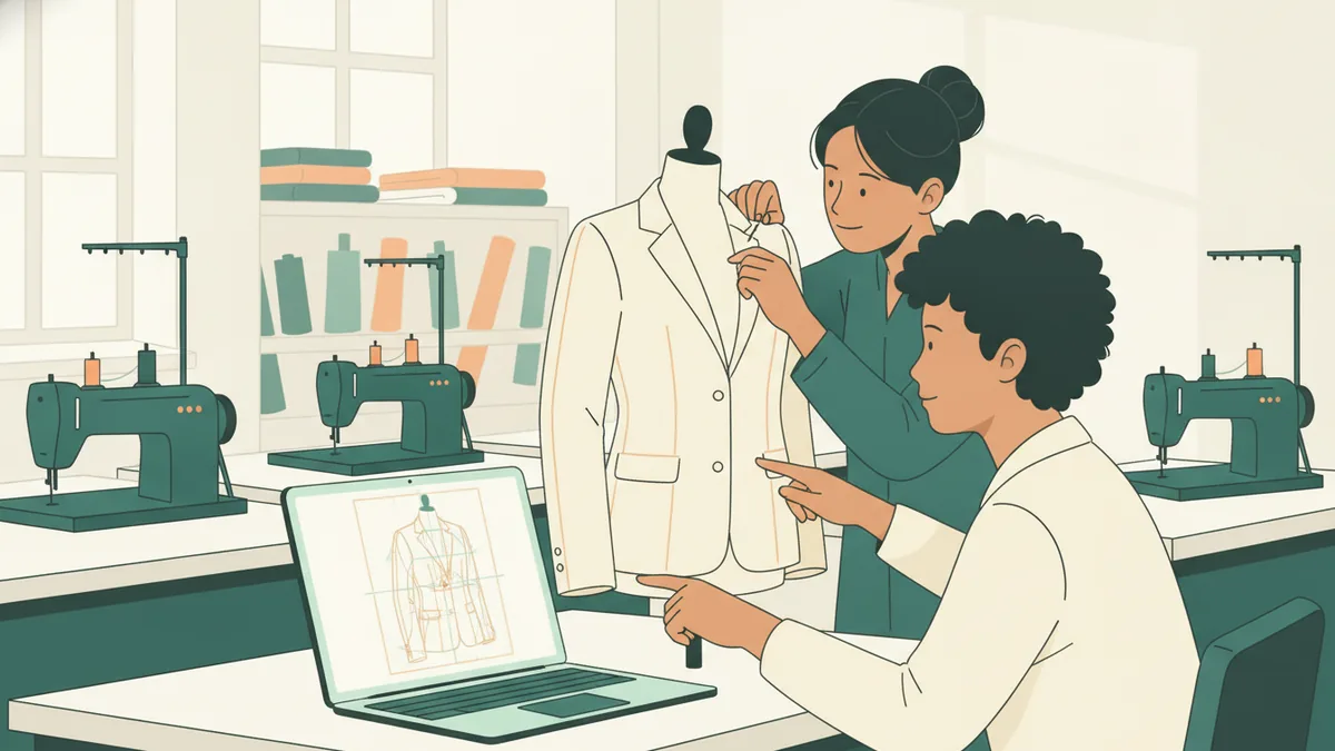 Deux étudiantes ajustent une veste prototype en toile sur un mannequin dans un atelier, pendant qu'un écran montre le même modèle en 3D.