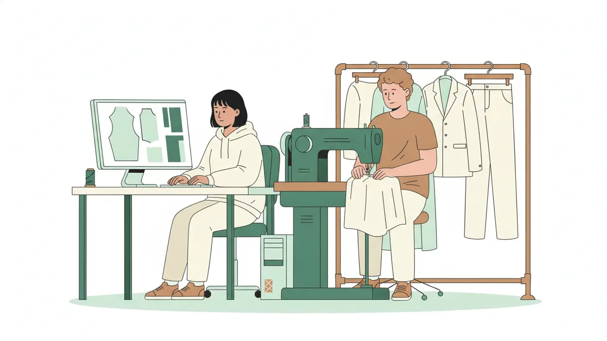 Une étudiante trace des pièces de patron sur ordinateur pendant qu'un étudiant monte une veste sur machine industrielle.