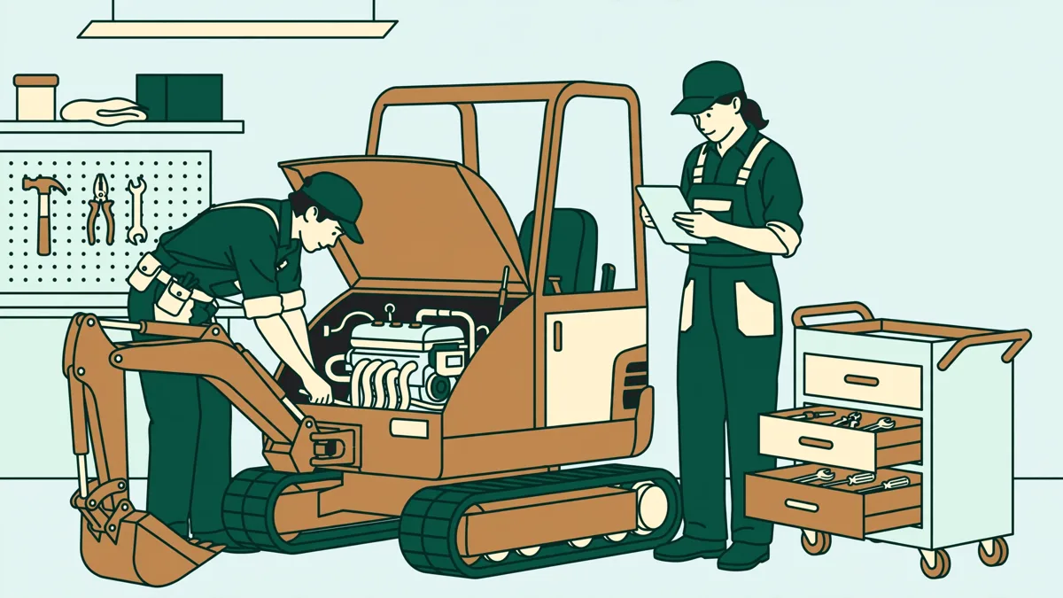Deux apprentis en tenue de travail autour d'une petite pelle en atelier, l'un penché sur le moteur et l'autre avec une tablette de diagnostic