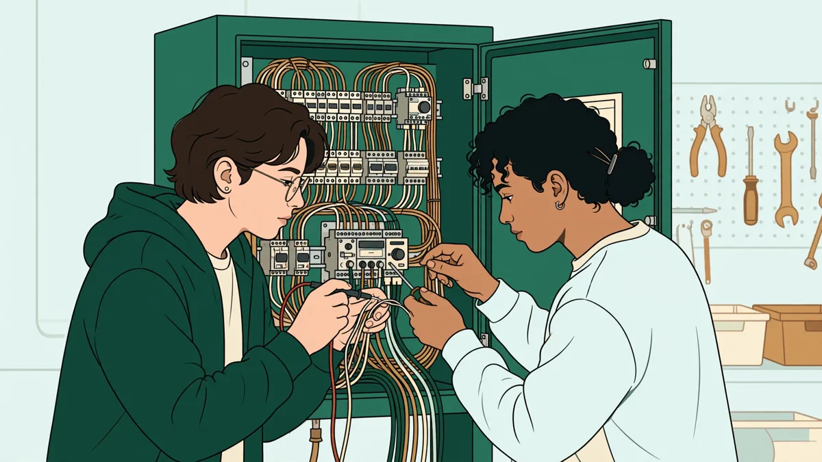 Une étudiante et un étudiant devant une armoire électrique ouverte, l'un teste un câblage pendant que l'autre règle un automate