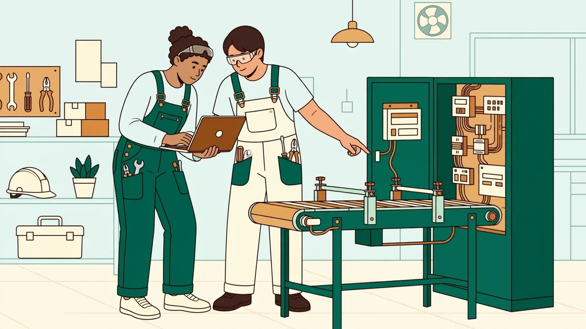 Deux étudiants en tenue d'atelier diagnostiquent une petite ligne de production, l'un sur un ordinateur portable, l'autre avec une caisse à outils