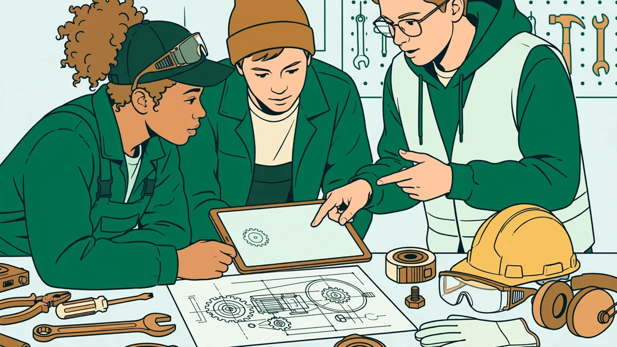 Trois étudiants autour d'un plan de machine annotent ensemble une intervention sur une tablette dans un atelier