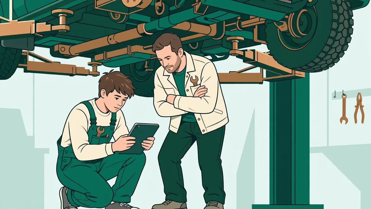 Un apprenti en combinaison utilise une tablette de diagnostic sous un camion levé sur un pont, avec son tuteur à côté dans l'atelier.