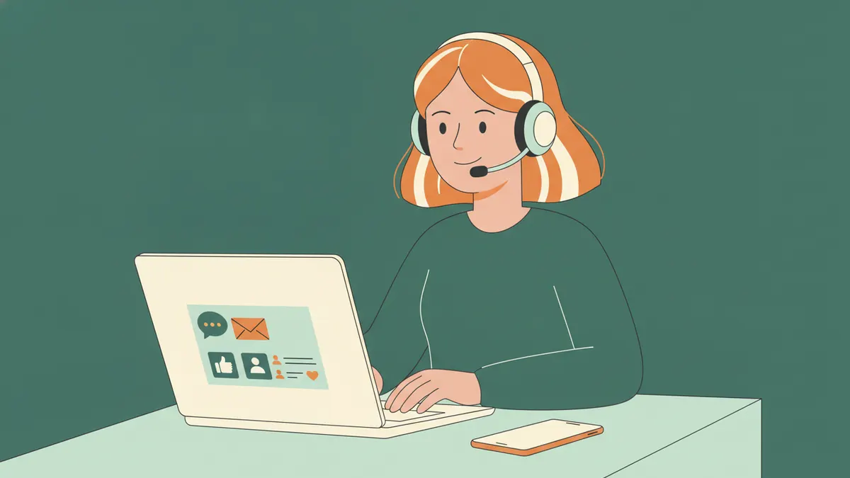 Gros plan sur une étudiante avec un casque-micro devant un ordinateur qui affiche messages, mails et réseaux sociaux.