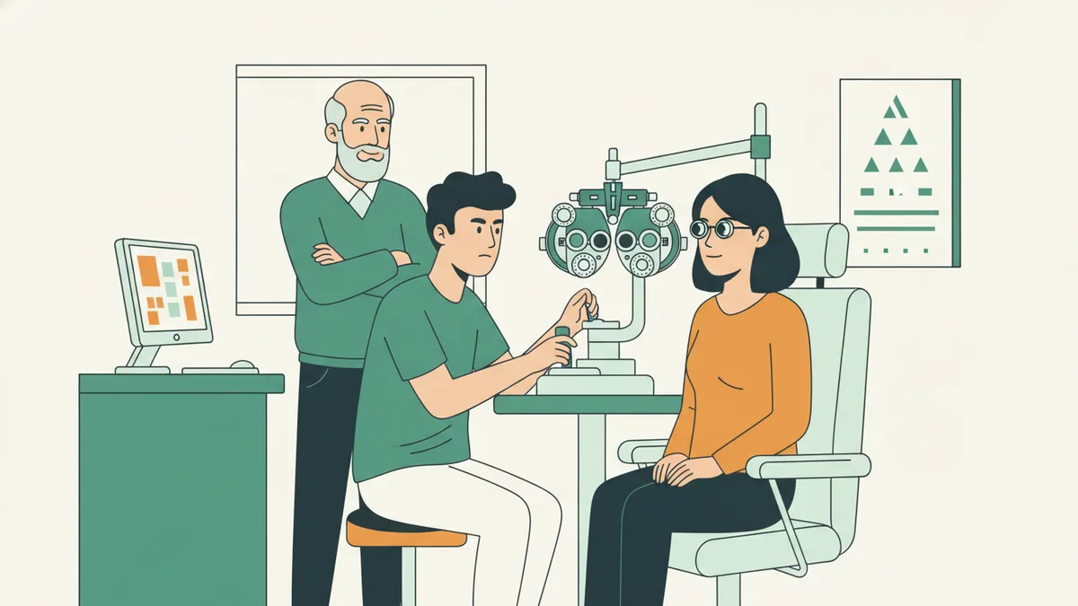 Dans la salle d'examen d'un magasin d'optique, un jeune étudiant règle un réfracteur devant une cliente assise, sous le regard d'un opticien expérimenté.