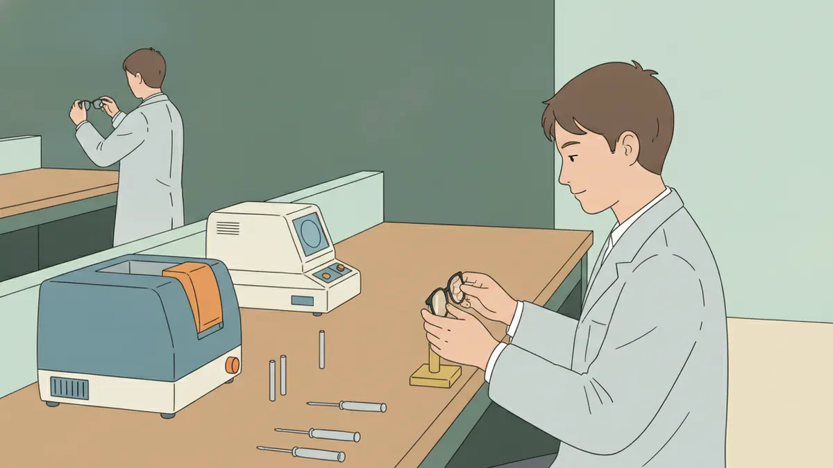 Dans un atelier d'optique, un apprenti insère un verre dans une monture sur son établi, entouré d'une meuleuse, d'un frontofocomètre et de tournevis.