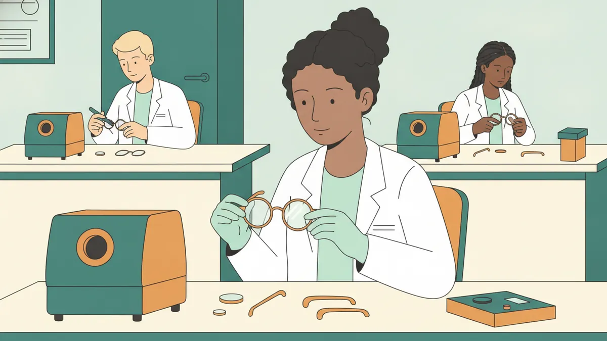 Dans un atelier lumineux, une étudiante en blouse insère un verre taillé dans une monture à son établi, à côté d'une meuleuse ; derrière elle, deux étudiants travaillent à leur poste.