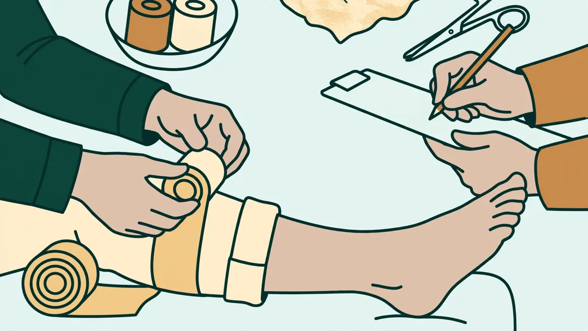 Deux étudiants en atelier prennent le moulage en plâtre de la jambe d'un patient assis, l'un applique les bandes, l'autre prend des notes