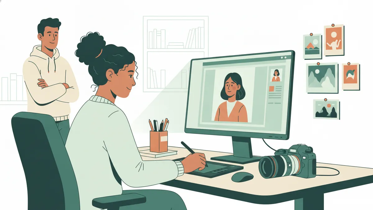 Illustration : vue par-dessus l'épaule d'une étudiante qui retouche un portrait sur grand écran avec une tablette graphique.