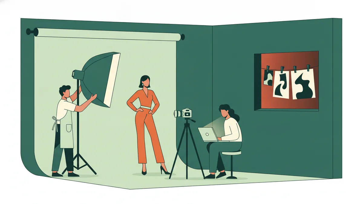 Illustration : dans un studio, un étudiant règle une boîte à lumière devant une modèle pendant que sa tutrice contrôle les images sur un portable.