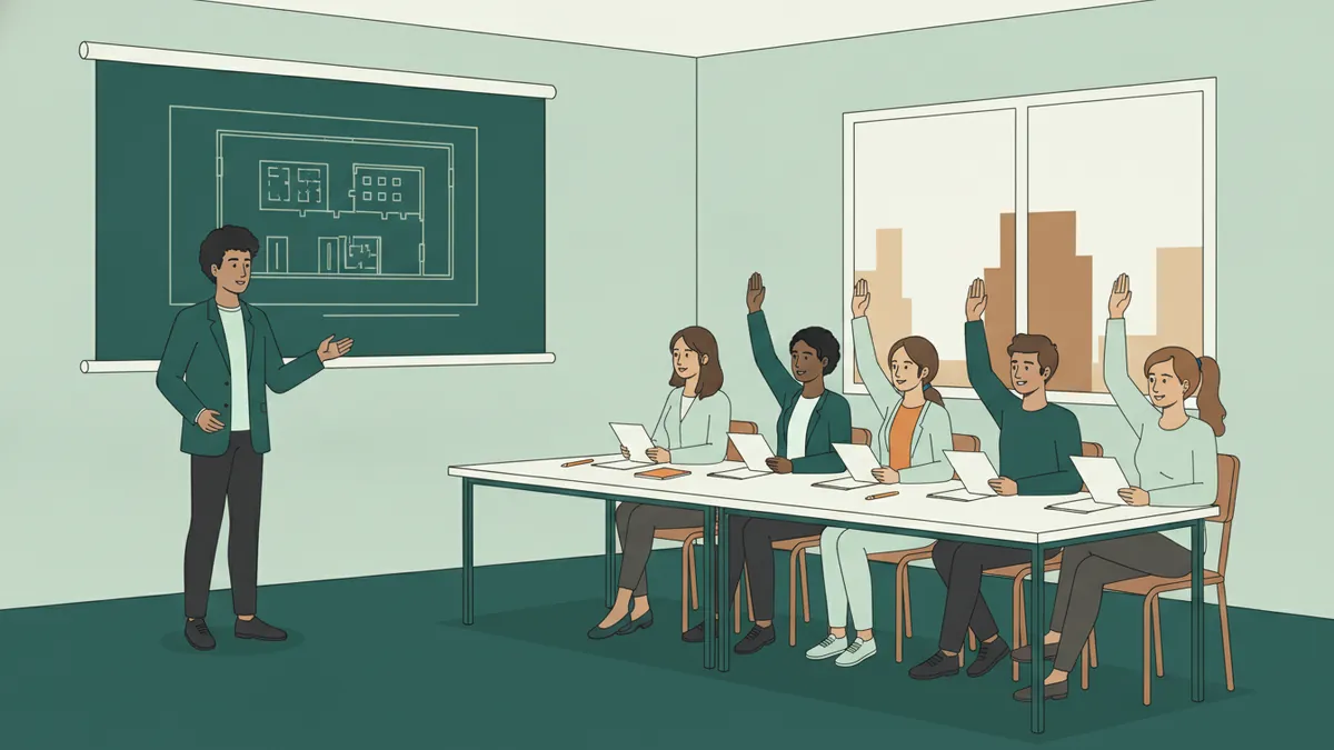 Un étudiant anime une réunion devant un plan d'immeuble pendant que le groupe vote.