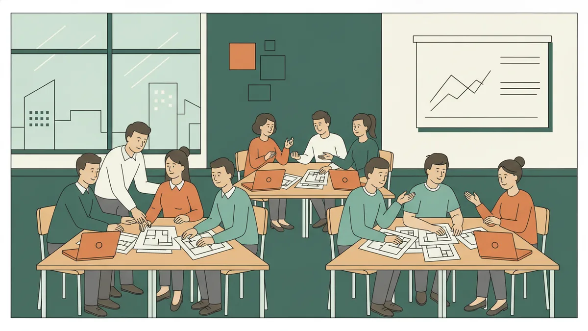 Des étudiants travaillent en petits groupes sur des plans d'appartements et des ordinateurs.