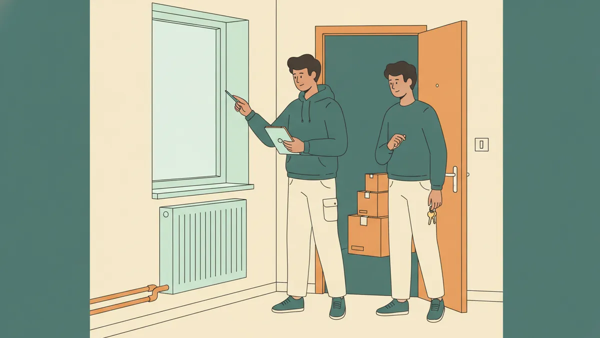 Un apprenti avec tablette fait l'état des lieux d'entrée pendant qu'un locataire attend avec des cartons.