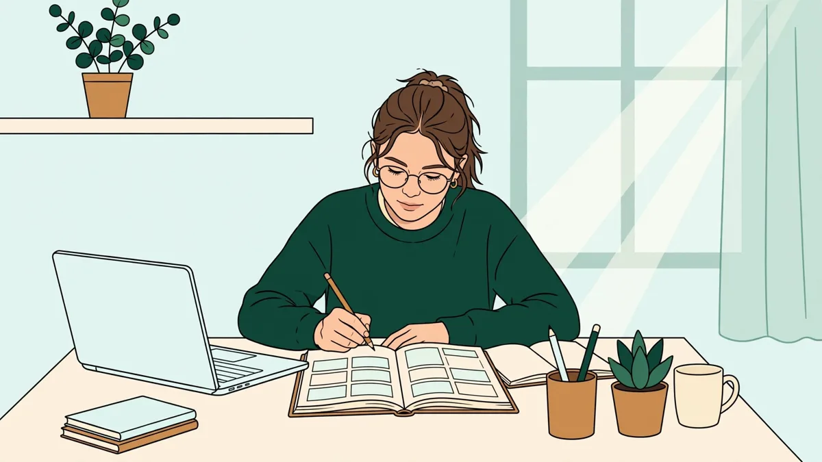 Une étudiante à son bureau à la maison, carnet et ordinateur ouverts, qui planifie sa semaine de travail sur un agenda.
