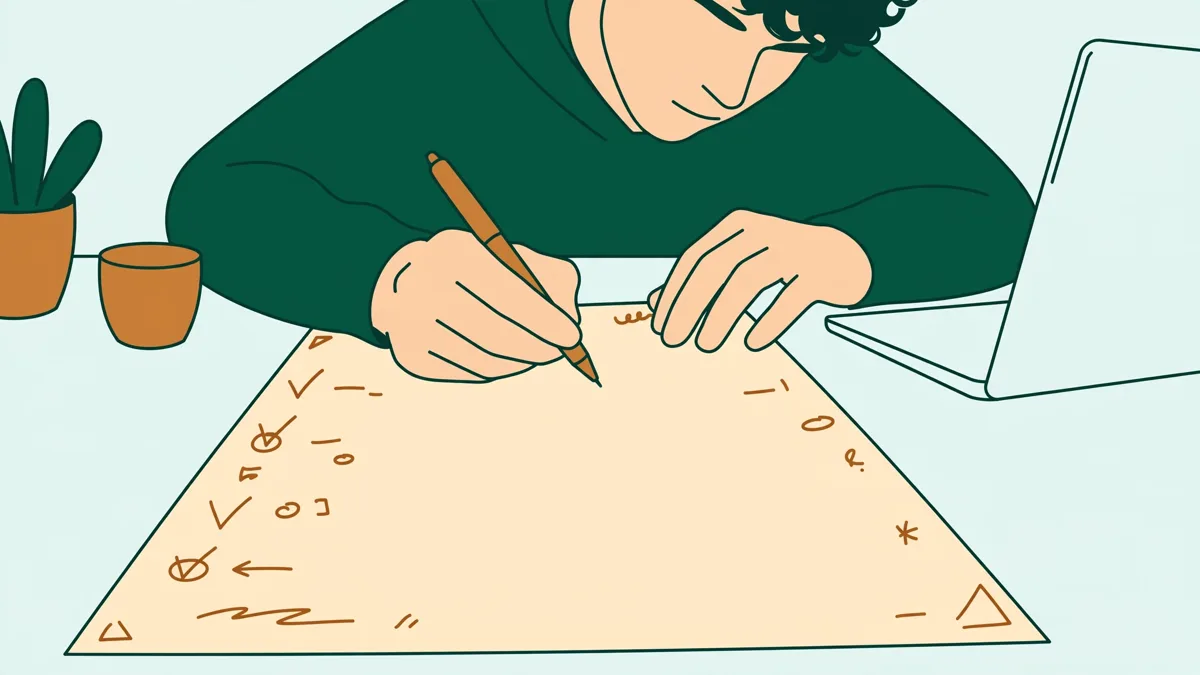 Un étudiant qui relit un devoir corrigé à son bureau, stylo en main, avec des annotations dans la marge.