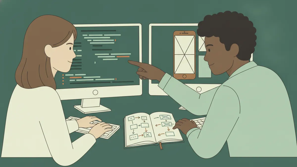 Deux étudiants programment en binôme devant deux écrans, l'un montre une ligne de code et l'autre tape au clavier