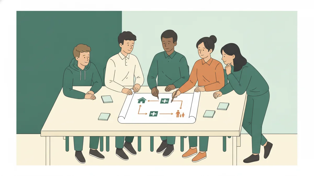 Cinq étudiants autour d'une table dessinent ensemble le parcours d'un usager entre domicile, hôpital et famille, guidés par leur enseignante.