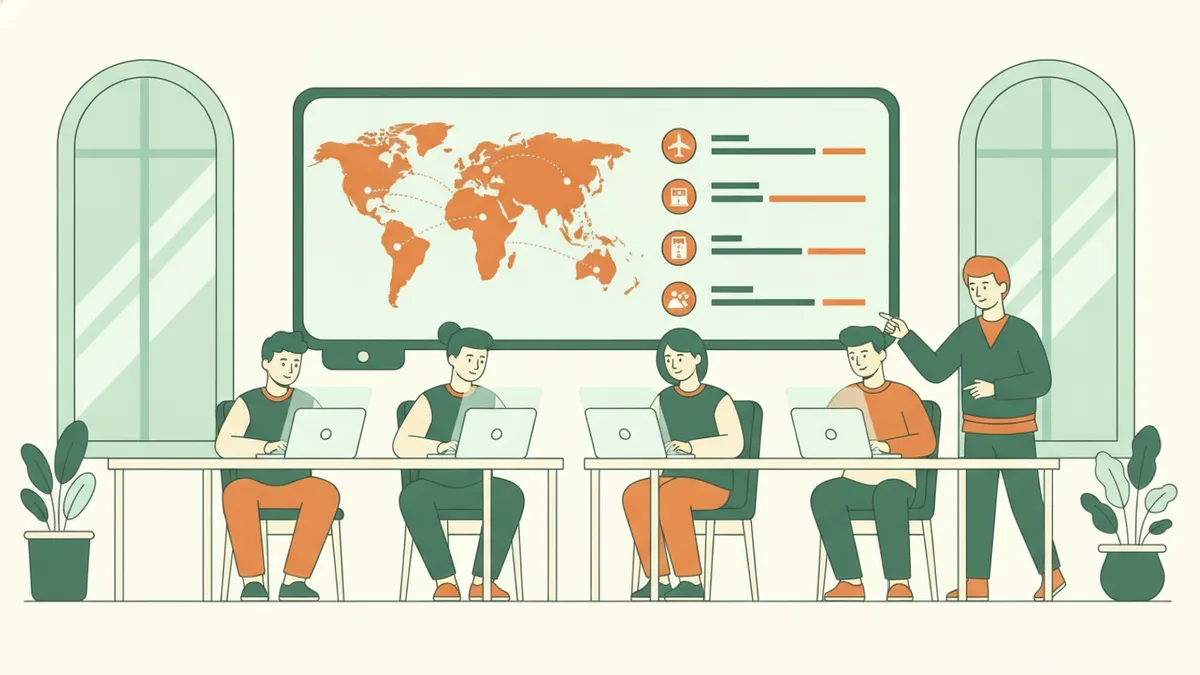 Des étudiants travaillent en binômes sur ordinateurs devant une carte du monde avec un itinéraire pendant qu'un formateur les aide.