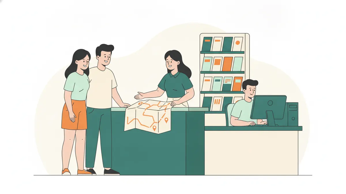 Une étudiante derrière un comptoir d'information montre un itinéraire sur une carte à un couple de visiteurs pendant qu'un camarade travaille.