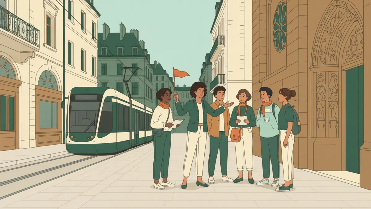 Une jeune guide avec un petit fanion explique une façade historique à un groupe de touristes dans une rue piétonne.
