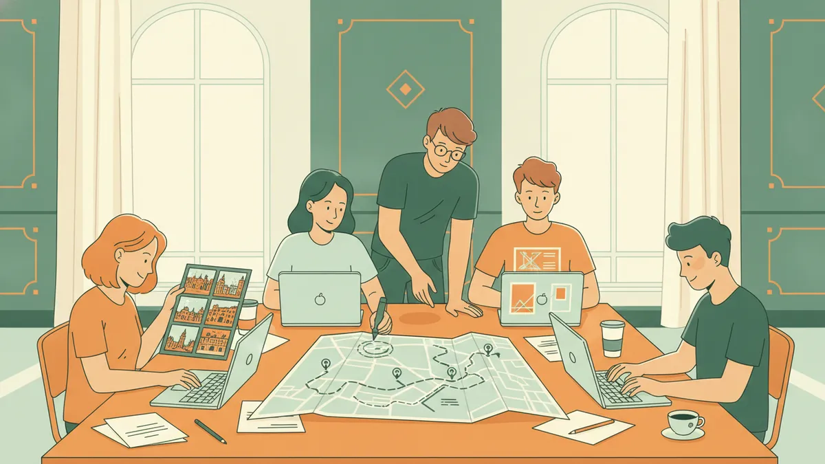 Cinq étudiants autour d'une grande table conçoivent une brochure touristique pendant qu'un formateur les conseille.