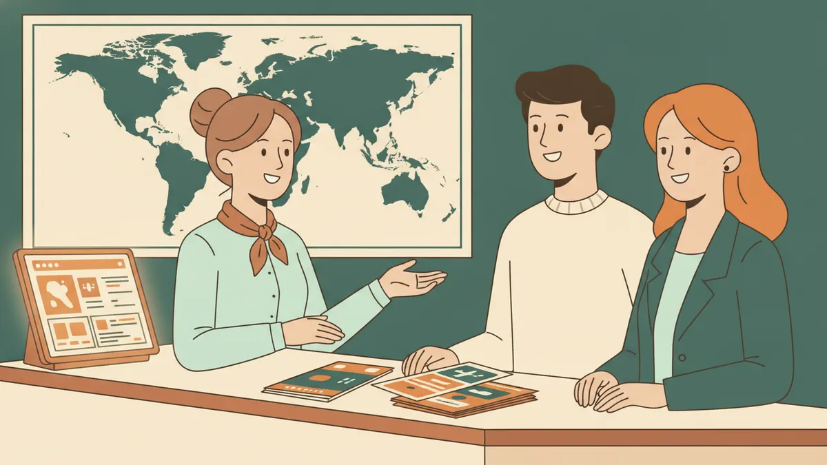 Une apprentie en agence de voyages conseille un couple devant une carte du monde et des brochures étalées.