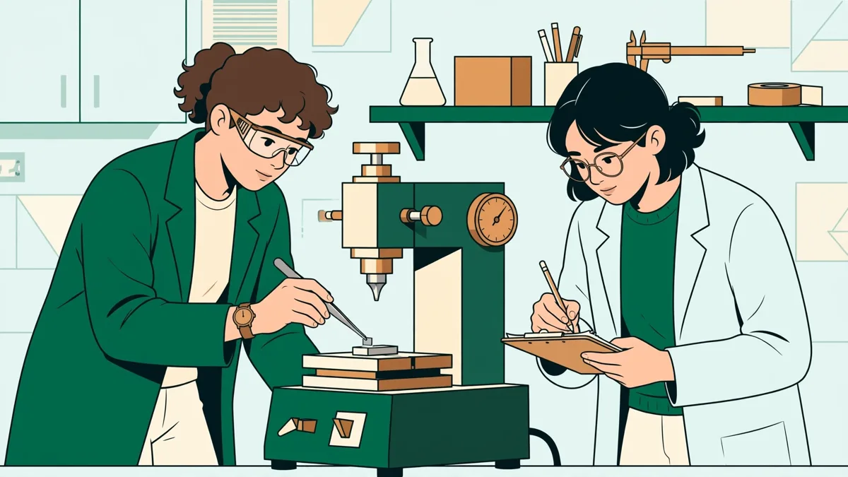 Deux étudiantes autour d'un duromètre en laboratoire, l'une positionne une petite pièce métallique, l'autre note les mesures sur un carnet.